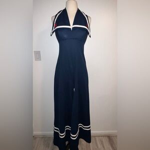 Womens Vintage 70s Jumpsuit Nautical Sailor Backless Navy Blue 11/12